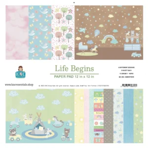 Life Begins baby scrapbook paper pad 12x12 inches with pastel nursery themed double sided cardstock designs for baby albums, junk journals and paper crafts