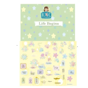Life Begins baby scrapbook ephemera and die cuts featuring pastel florals, sentiments, labels and nursery themed embellishments