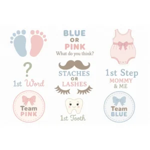 Pastel baby milestone clear stamp set with pink and blue baby-themed sentiments and icons from the Life Begin collection.