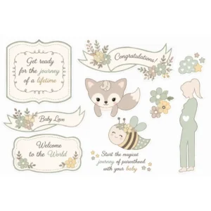 Pastel baby-themed clear stamp set with floral banners, motherhood illustration, fox, bee, and baby sentiments.