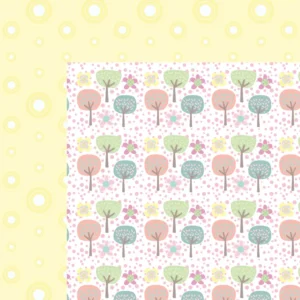Life Begins Beyond The Park scrapbook paper with pastel floral and tree patterns for baby themed paper crafts