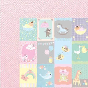 Look Who’s Here baby themed double sided paper with pastel nursery blocks and whimsical baby artwork