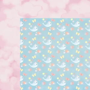 Life Begins Lullaby double sided scrapbook paper with pastel clouds, birds and whimsical baby themed patterns