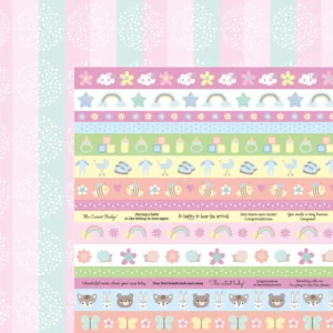 Life Begins The Arrival double sided scrapbook paper with pastel nursery borders and baby themed patterns