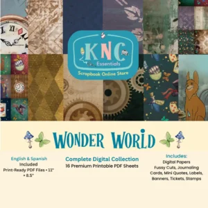 A preview of the Wonder World scrapbook collection by KNC Essentials, featuring coordinating papers and embellishments inspired by whimsical adventures and vintage steampunk designs.
