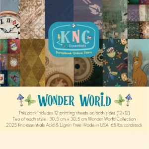 Wonder World™ scrapbook paper collection by KNC Essentials featuring whimsical woodland animals, vintage clocks, mushrooms, butterflies, gears, tea cups, fantasy illustrations and coordinating 12x12 double-sided papers.